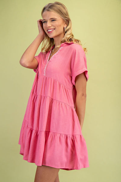 Embroidered Collar Dress in Pink