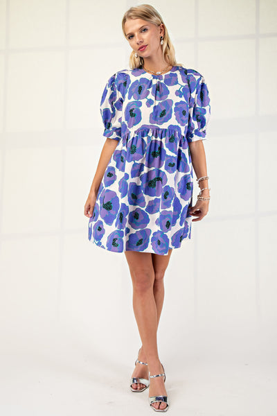 Print Puff Sleeve Mini Dress in Lilac