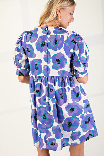 Print Puff Sleeve Mini Dress in Lilac