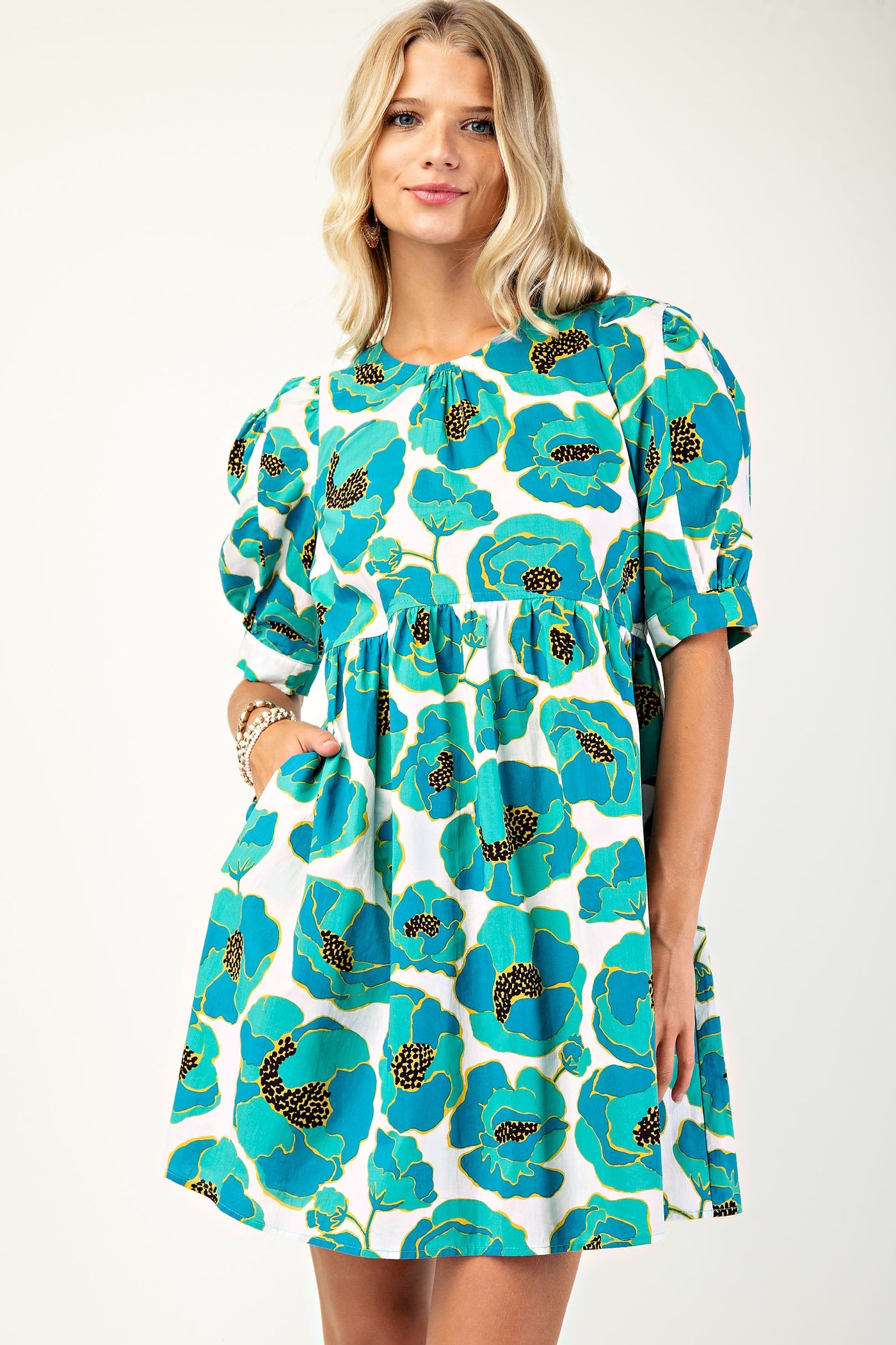 Print Puff Sleeve Mini Dress in Sea Green
