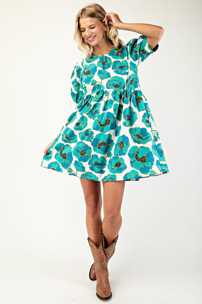Print Puff Sleeve Mini Dress in Sea Green