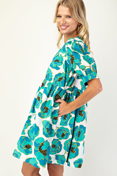 Print Puff Sleeve Mini Dress in Sea Green
