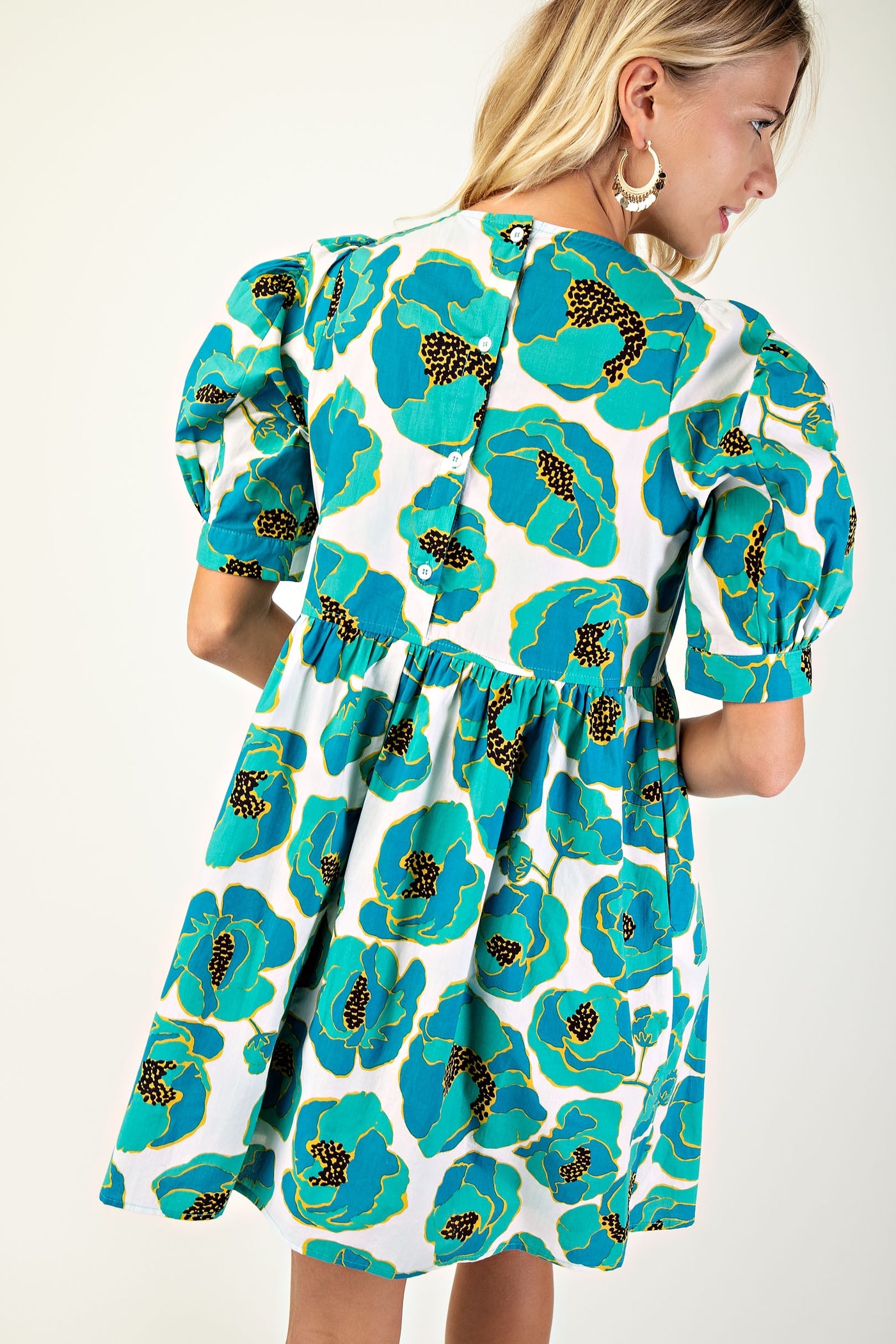 Print Puff Sleeve Mini Dress in Sea Green