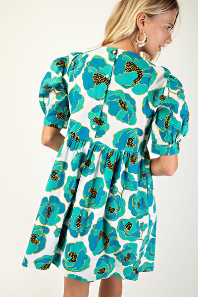Print Puff Sleeve Mini Dress in Sea Green