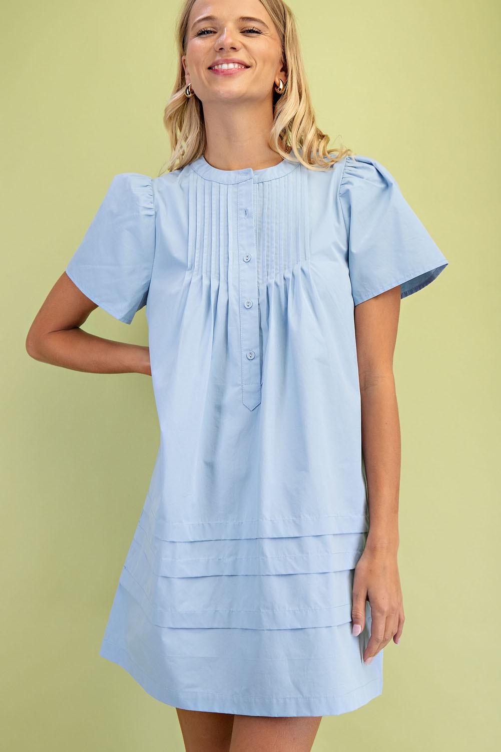 Pleated Puff Sleeve Mini Dress in Spring Blue