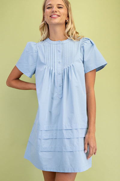 Pleated Puff Sleeve Mini Dress in Spring Blue