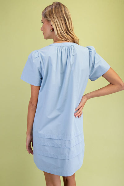 Pleated Puff Sleeve Mini Dress in Spring Blue