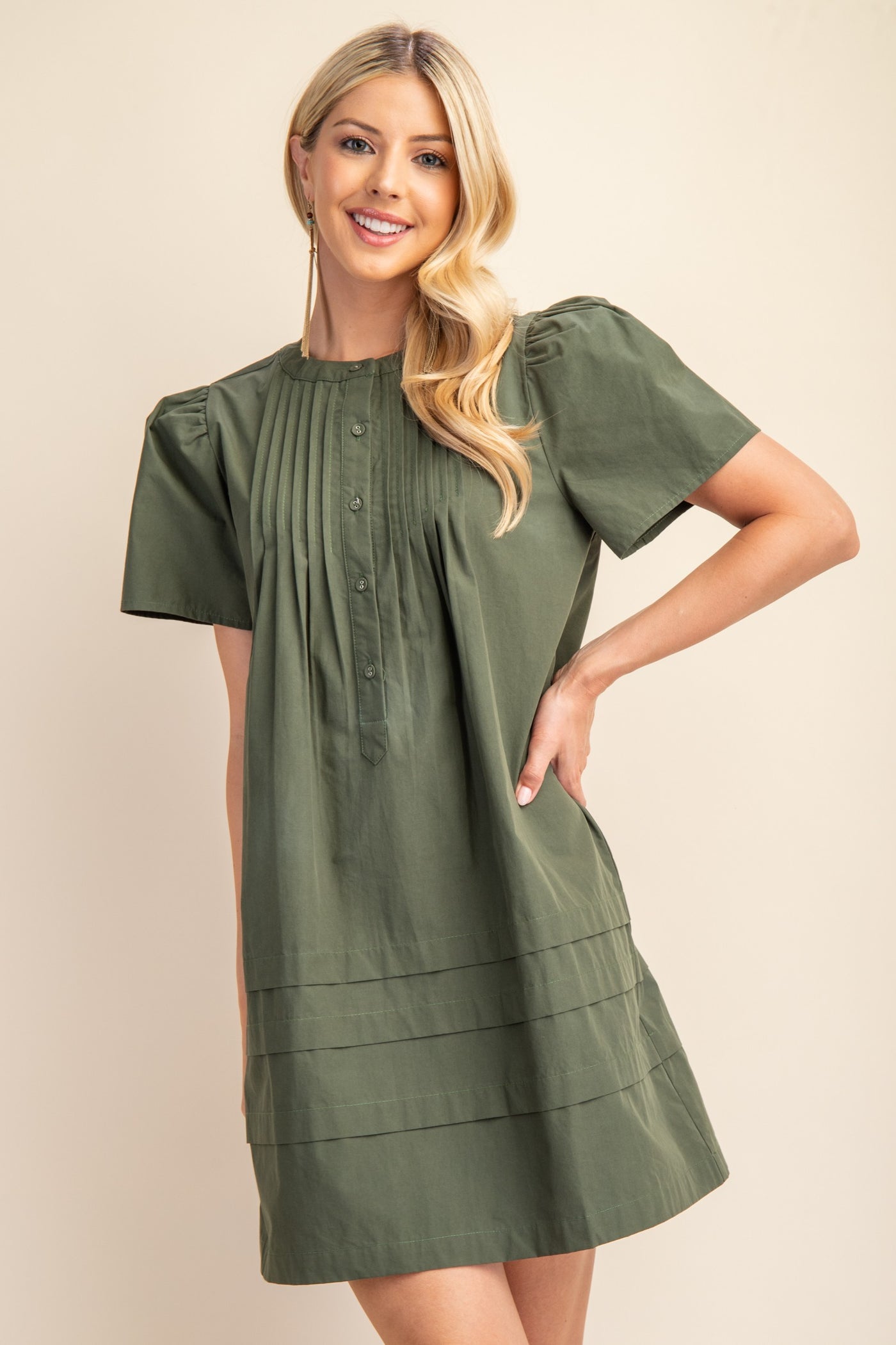 Pleated Puff Sleeve Mini Dress in Olive