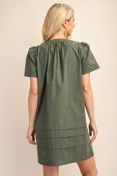 Pleated Puff Sleeve Mini Dress in Olive