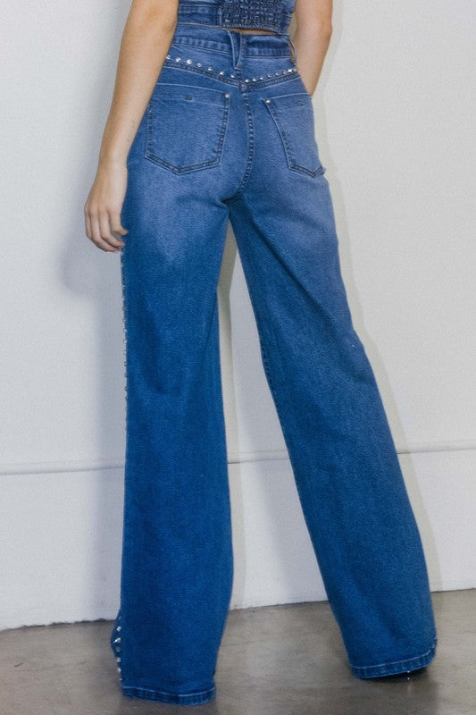 Rhinestone Detail High Rise Jeans