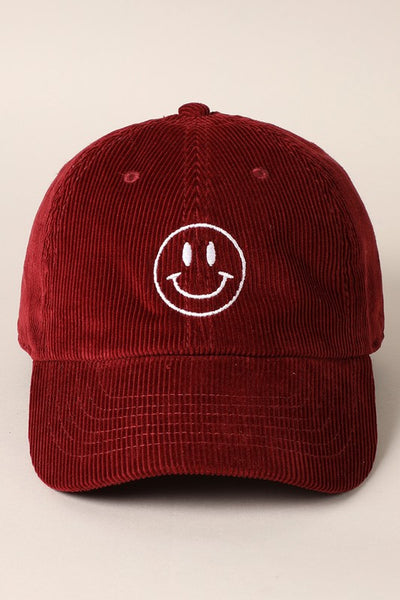 Corduroy Embroidered Happy Face Hat
