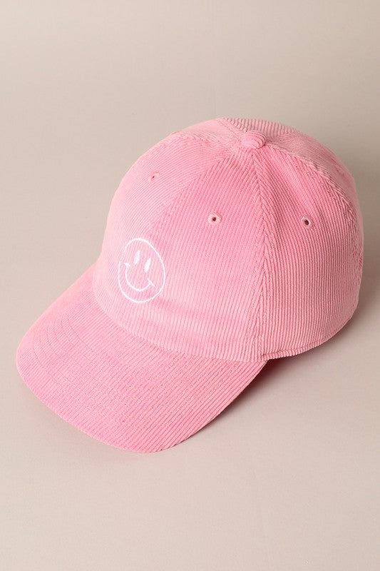 Corduroy Embroidered Happy Face Hat